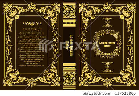 Ornate leather book cover and Old retro ornament frames. Royal Golden style design. Historical novel. Oriental style Vector illustration. Hand drawn illustration 117525806