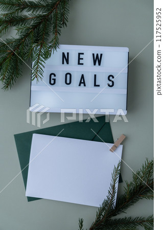 Lightbox with inspirational message NEW GOALS with fir branches on pastel background. Happy new year promises resolutions concept. Copy space envelope mock up sample Self growth 117525952