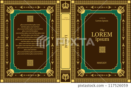 Ornate leather book cover and Old retro ornament frames. Royal Golden style design. Historical novel. Oriental style Vector illustration. Hand drawn illustration by Adobe illustration 117526059