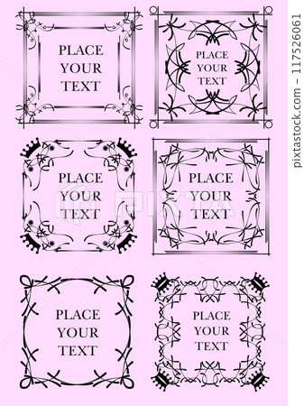 Set of ornate vector frames and ornaments with sample text. Perfect as invitation or announcement. All pieces are separate. Easy to change colors and edit. Hand drawn illustration by Adobe 117526061