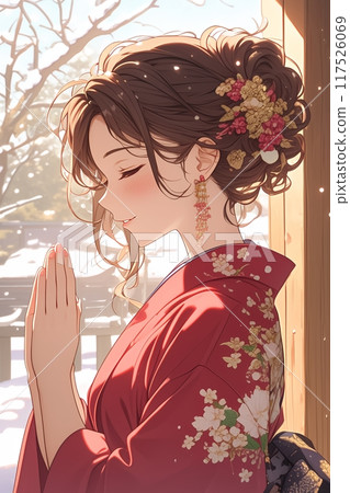 A girl praying at the first shrine visit of the year 117526069