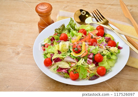 Plenty of vegetable salad, salad bowl, and green and yellow vegetables such as lettuce and tomatoes. 117526097