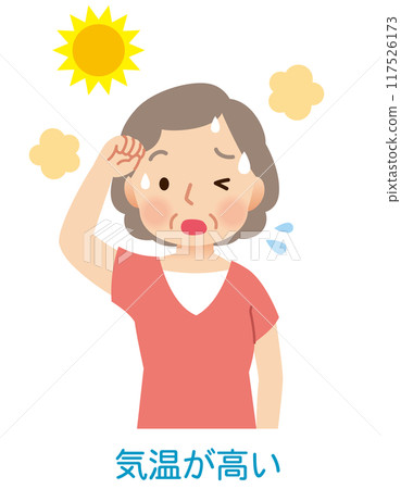 Elderly woman sweating outdoors in high temperatures - heat stroke Elderly woman sweating outdoors in high temperatures - heat stroke 117526173