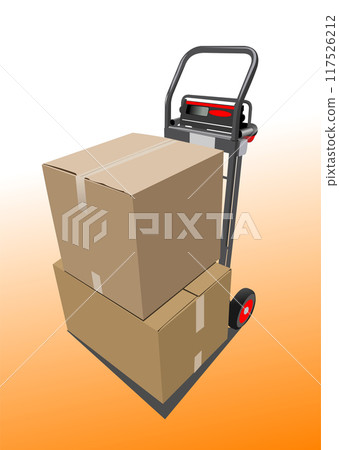 Boxes on hand pallet truck. Colored vector hand drawn illustration by Adobe Illustrator 117526212