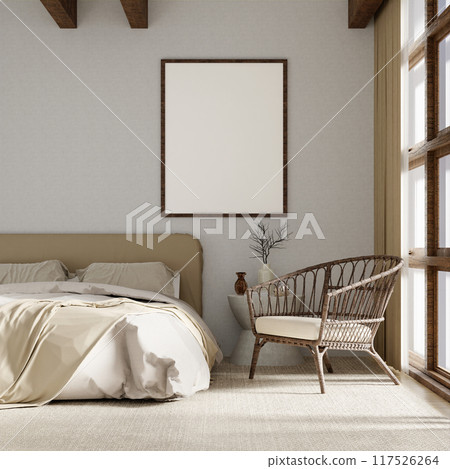 Cozy Modern Bedroom Interior with Wooden Frame, Neutral Tones, and Natural Light - Perfect for Home Decor Inspiration and Design Ideas 117526264