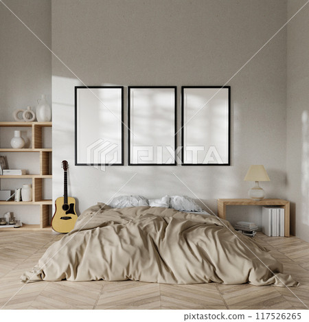 Cozy Modern Bedroom Interior with Blank Frames on Wall, Wooden Furniture, and Guitar 117526265
