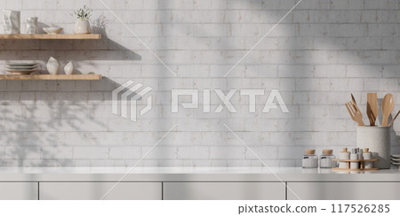 Modern Minimalist 3D Interior with Decorative Frame and Shelves in Sunlit Kitchen Modern Minimalist 3D Interior with Decorative Frame and Shelves in Sunlit Kitchen 117526285