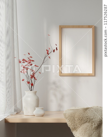 Modern Minimalist 3D Interior with Wooden Frame, Vase with Red Flowers, and Cozy Textiles in Natural Light 117526287