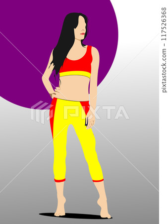 Young athlete woman in sports suit. Colored Vector 3d hand drawn illustrations Young athlete woman in sports suit. Colored Vector 3d hand drawn illustrations 117526368