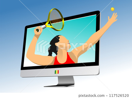Tennis player into monitor. Colored vector hand drawn illustration 117526520