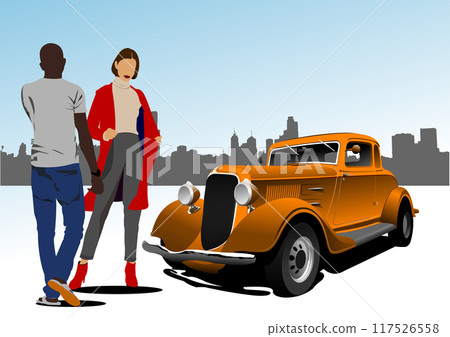 Old car with businessmen couple. Vector 3d hand drawn illustration 117526558