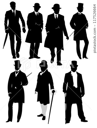 London gentleman in hat. Black and white Vector illustration London gentleman in hat. Black and white Vector illustration 117526664