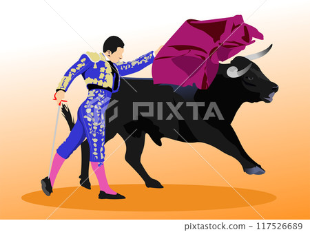 Corrida typical Spanish entertainment - bullfighting. Color vector hand drawn illustration Corrida typical Spanish entertainment - bullfighting. Color vector hand drawn illustration 117526689