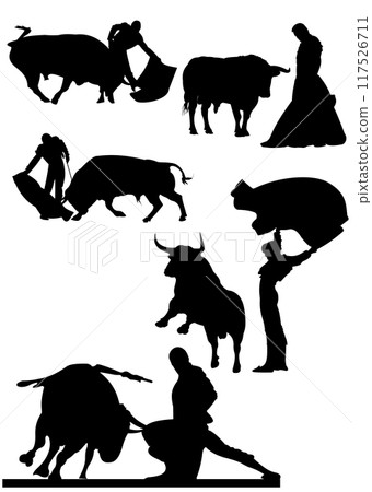 Corrida typical Spanish entertainment - bullfighting.  Black and white hand drawn illustration 117526711