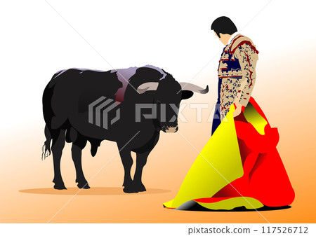Corrida typical Spanish entertainment - bullfighting. Color vector hand drawn illustration Corrida typical Spanish entertainment - bullfighting. Color vector hand drawn illustration 117526712