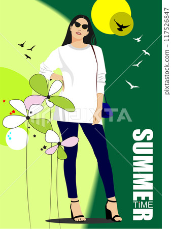 Young cute woman.3d color vector hand drawn illustration 117526847