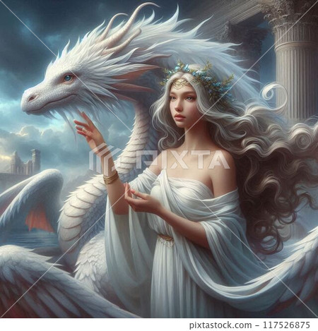 Woman and white dragon 117526875