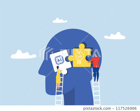 Business woman and man holding two pieces puzzle matching ai with idea symbol icon on big head human development innovation vector illustrator 117526906