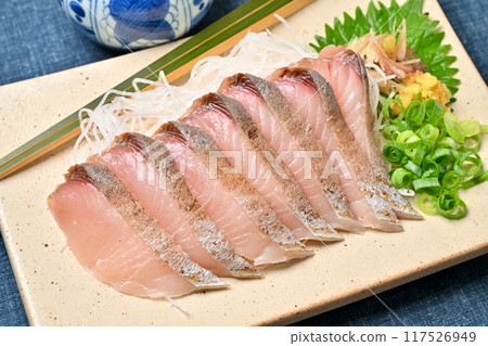 Sashimi, sashimi, and sashimi made from seared skinned Spanish mackerel. Sashimi, sashimi, and sashimi made from seared skinned Spanish mackerel. 117526949