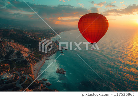 Hot air balloon is flying over a beach and ocean at sunset Hot air balloon is flying over a beach and ocean at sunset 117526965