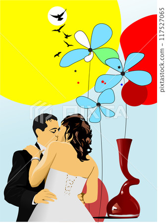 Valentine s Day red background with kissing pair  image 14 February. 3d vector hand drawn illustration 117527065