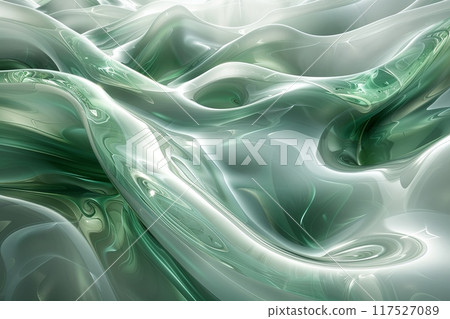 Green and white abstract painting of a wave. The painting is full of movement and energy, with the waves appearing to be constantly shifting and changing. The colors are bright and vibrant 117527089