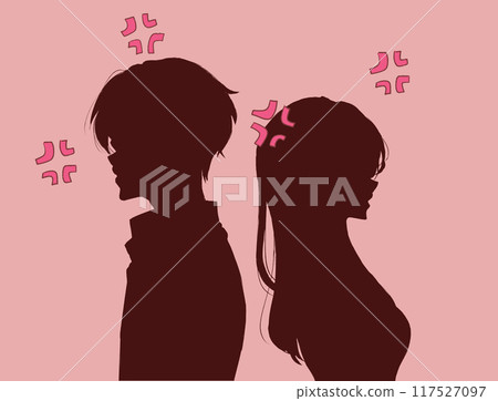 Man and woman standing back to back, irritated mark Man and woman standing back to back, irritated mark 117527097