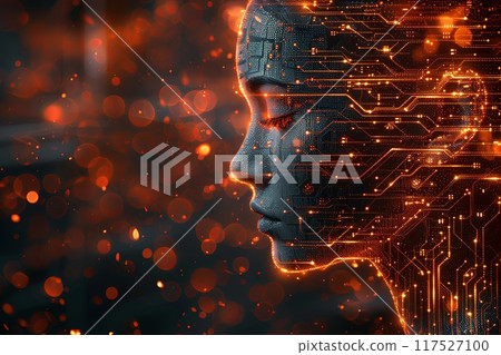 Woman's face is shown in a computer generated image with a lot of glowing circuitry. The image has a futuristic and technological feel 117527100