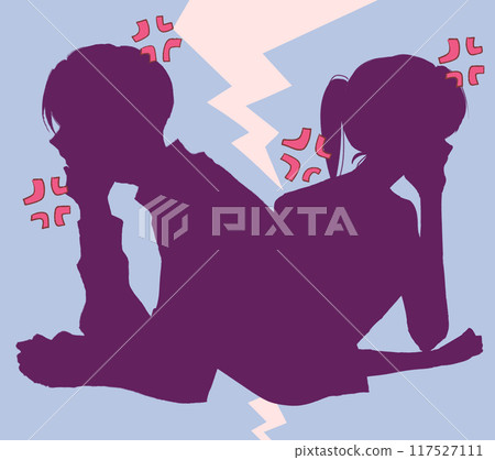 男人和女人背靠背，皮影戲，惱火的標記 117527111