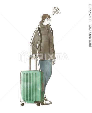 A man with a troubled expression traveling in winter 117527207