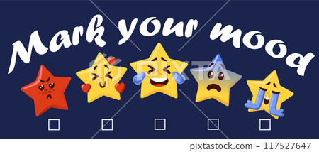 Star emoji. Evaluation ranking. Mark mood. Clients satisfaction. Consumer survey. Positive or negative emotion expression. Quality rate meter. Scale checkboxes. Vector feedback icons 117527647