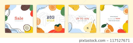 Summer sale. fruit background. Square card and poster design. Social media post. Copy space for text. Pear and coconut. Abstract minimal backdrop. Vector cartoon flat isolated illustration Summer sale. fruit background. Square card and poster design. Social media post. Copy space for text. Pear and coconut. Abstract minimal backdrop. Vector cartoon flat isolated illustration 117527671