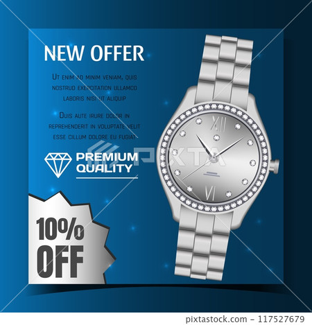 Wristwatch ad banner. Silver wrist clock. Luxury watch advertising. Jewel metal. Diamond gems. Shop promotion. Premium quality. Timepiece dial. Time accessory. Vector marketing background 117527679