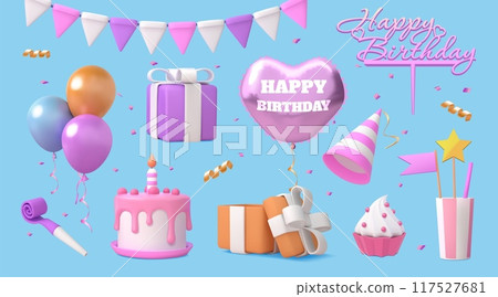 3d birthday cake. Happy pink celebrate balloons, gift box, candle and muffin, party decor. Kid anniversary present with heart and ribbon. Isolated render element. Vector festive icons set 117527681