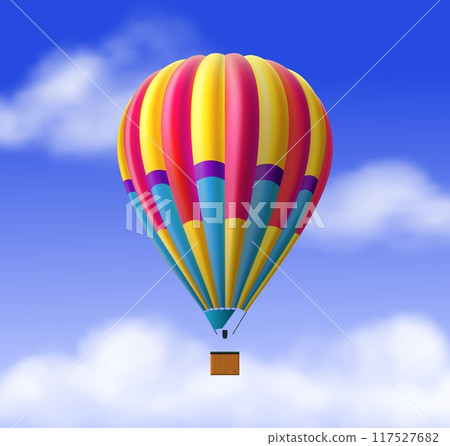 Realistic airship in sky. Colorful hot air balloon with basket. Vintage aviation inflatable transport, flying vehicle. Adventures freedom symbol. Aerostat for journey. Vector illustration 117527682