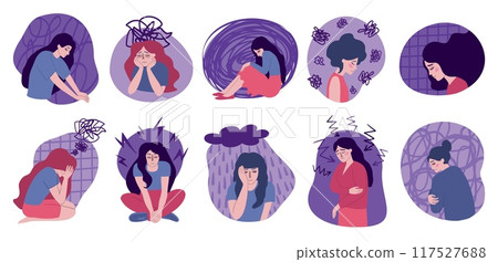 Anxiety woman. Grief, sad and fear girl, worry and cry about violence and pain, suffering and exhausted by stress. Mental health care. Cartoon flat illustration. Vector depression concept 117527688