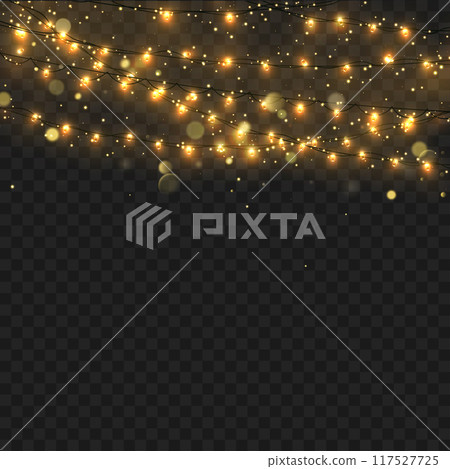 Golden string lights hanging, glowing softly, against a transparent checkered background. Vector 117527725