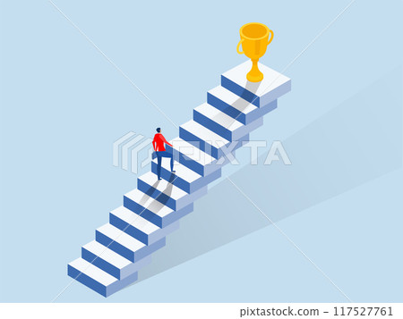 Business people concepts for success.businessman walk up small step stair to reach trophy reward,Isometric vector illustration. 117527761