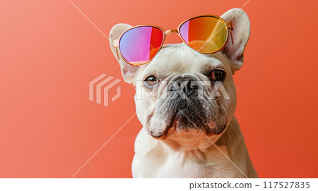 單色背景中戴著太陽眼鏡的法國鬥牛犬 單色背景中戴著太陽眼鏡的法國鬥牛犬 117527835
