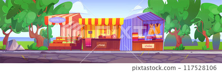 Street market stalls in green summer park 117528106