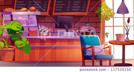 Cozy cafe interior with cakes and sweet desserts Cozy cafe interior with cakes and sweet desserts 117528156