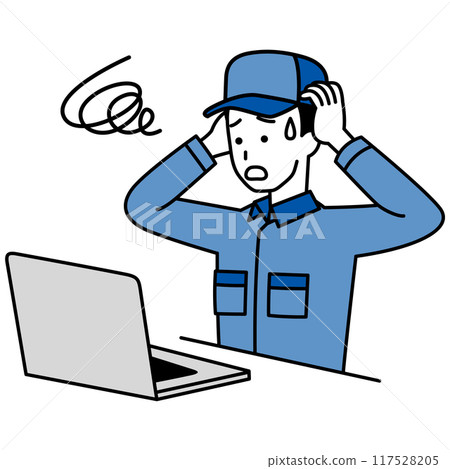 一名身穿工作服的男子在筆記型電腦上工作,引發了麻煩 一名身穿工作服的男子在筆記型電腦上工作,引發了麻煩 117528205