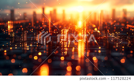 Skyscrapers and orange bokeh at dusk Skyscrapers and orange bokeh at dusk 117528224