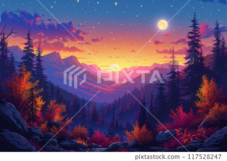 Vector illustration of an autumn forest with mountains in the background Vector illustration of an autumn forest with mountains in the background 117528247