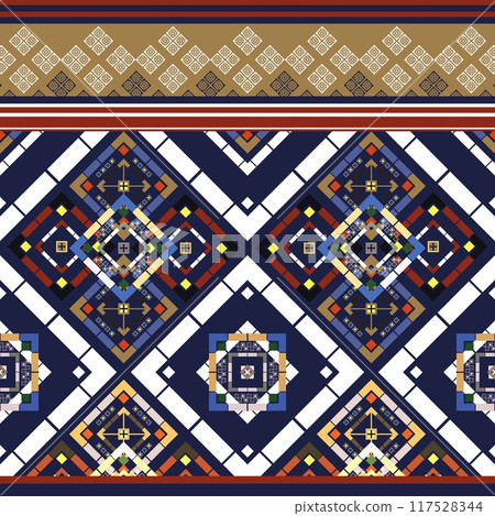 Floral cross stitch embroidery on background.geometric ethnic oriental seamless pattern traditional.Aztec style abstract illustration.design for texture,fabric,clothing,wrapping,print 117528344