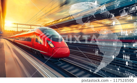 Image of high-speed trains racing through a futuristic world, integrating with global communications networks and digital systems 117528500