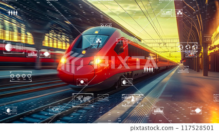 Image of high-speed trains racing through a futuristic world, integrating with global communications networks and digital systems 117528501