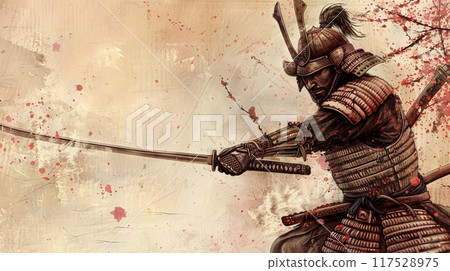 用墨水繪製的武士插圖 117528975