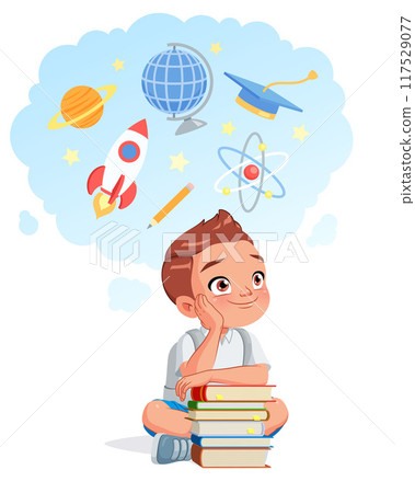 Little school boy dreaming of a career in science. Cartoon vector illustration. Little school boy dreaming of a career in science. Cartoon vector illustration. 117529077