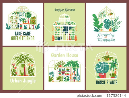 Themed greenhouse gardens vector illustration set 117529144